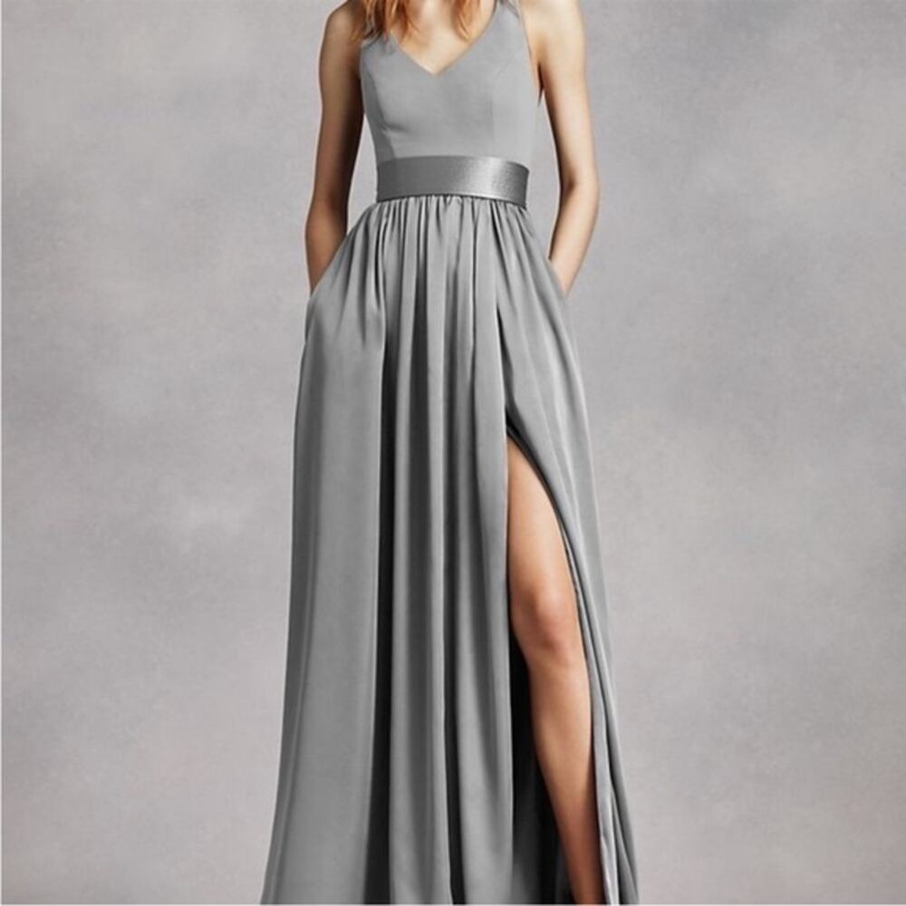 White by Vera Wang Silver V-Neck Gown with High Slit